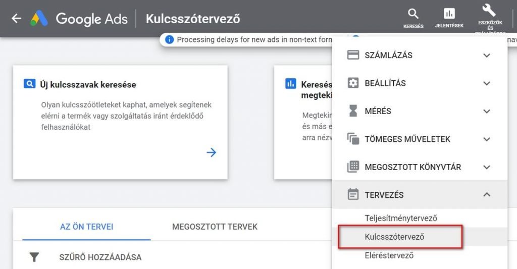 Google Ads kulcsszótervező használata kulcsszó kutatáshoz