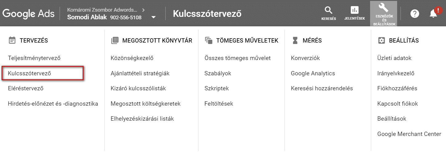 Google Ads (AdWords) kulcsszó tervező elérése