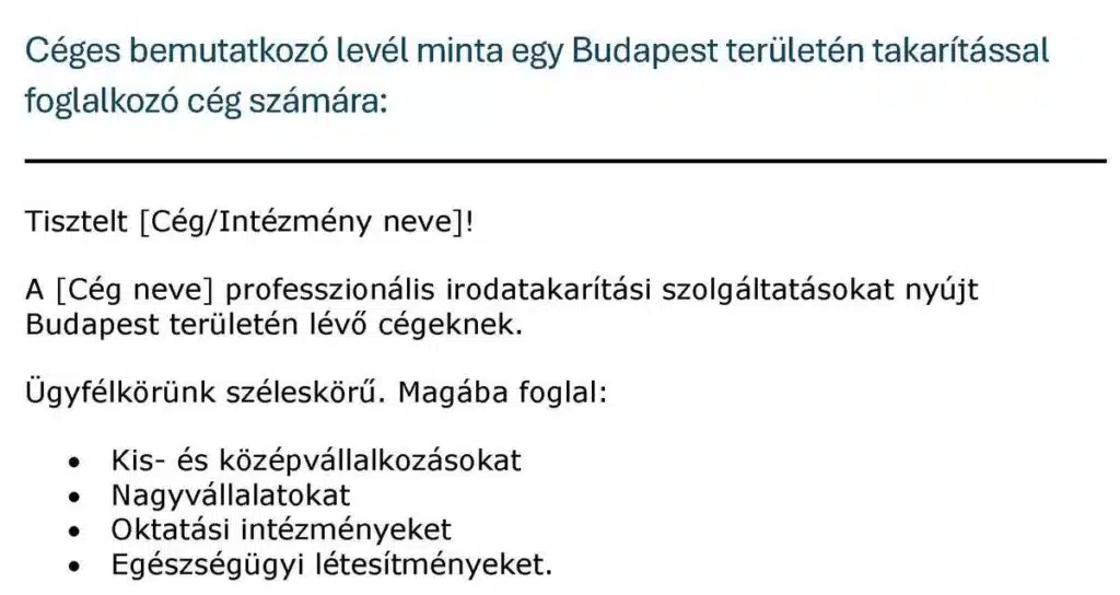 Céges bemutatkozó email minta