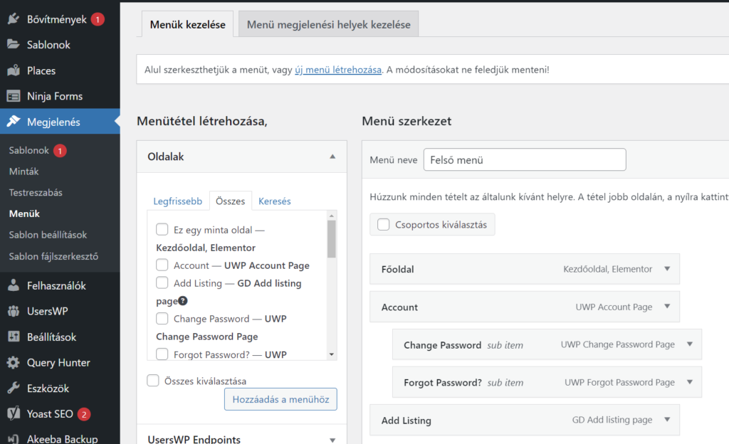 Wordpress menü szerkesztése