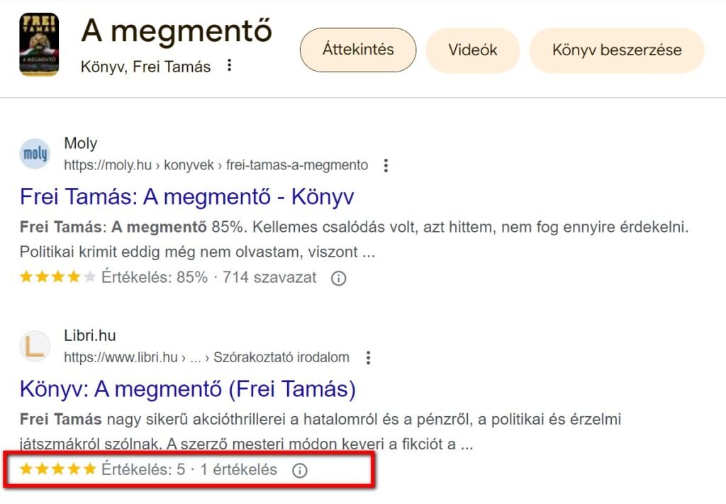 Strukturált adatok megjelenése a Google keresőben.