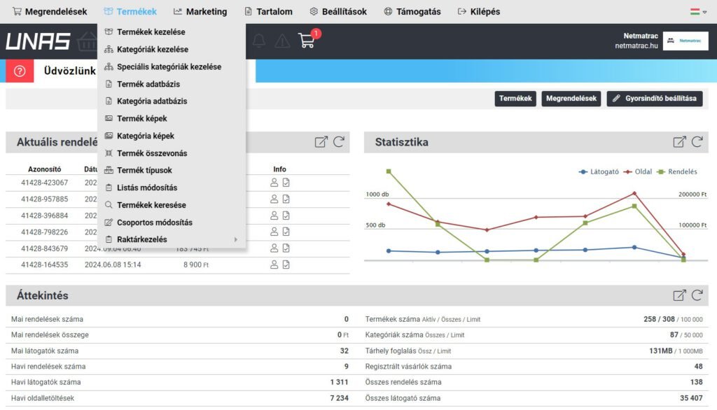 Az UNAS bérelhető webshop adminisztrációs felülete.