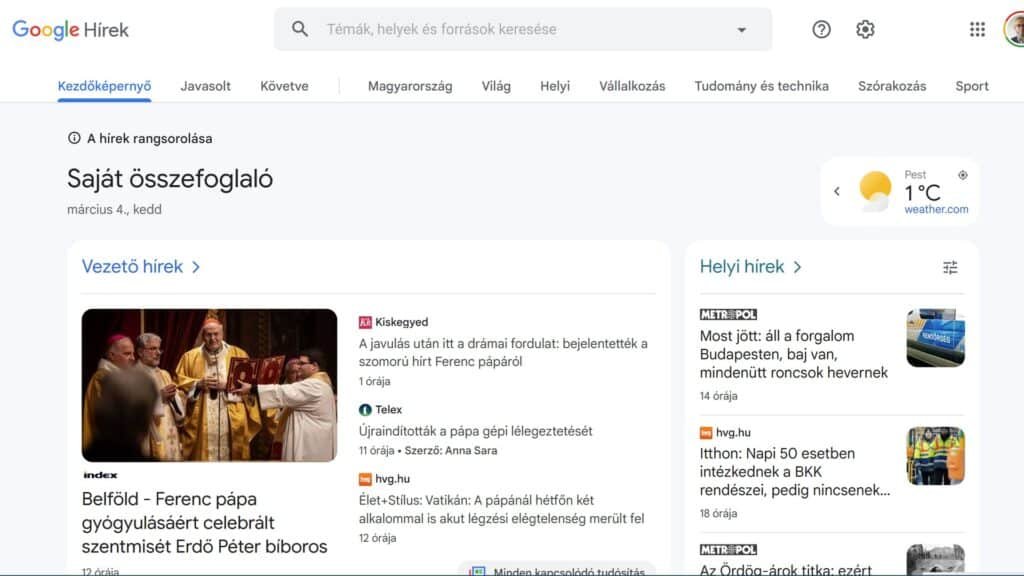 Google hírek bekapcsolása, Google Discover beállítása